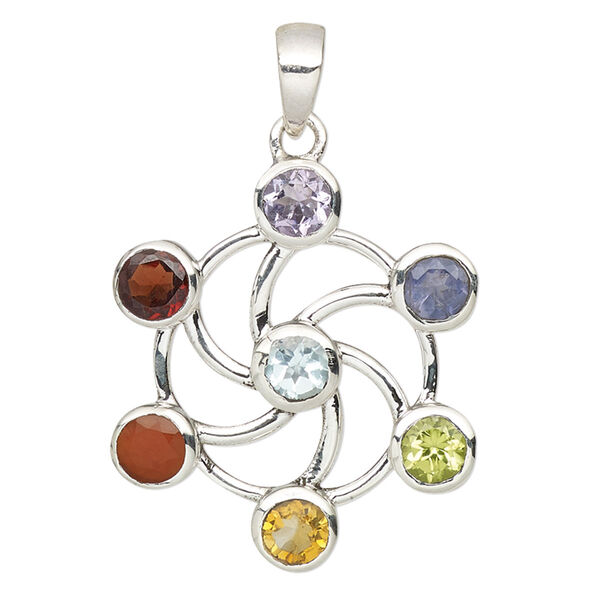 Pendant, multi-gemstone (natural / dyed / heated / irradiated) and sterling silver, 24.5x23mm single-sided round spiral. Sold individually. image number 0