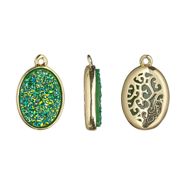 Drop, Druzylite™, "druzy" (resin) and gold-finished brass, green, 15.5x11.5mm two-sided oval with open filigree back. Sold per pkg of 4. image number 0