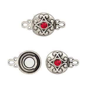 Clasp magnetic 1pkg2 "pewter" (zinc alloy), 12mm double-sided round, antique silver-finished / red rhinestone 1-strand