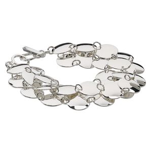 Bracelet, silver-plated steel and brass, 26mm wide with 13mm flat round, 7 inches with toggle clasp. Sold individually.