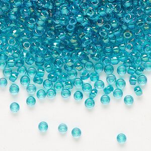Seed bead, Miyuki, glass, pkg/250g, #8 rocaille, translucent teal-lined luster crystal clear (RR-3742).