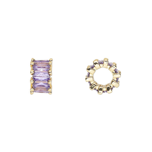 Bead, cubic zirconia and gold-plated brass, amethyst, 10.5x6mm rondelle. Sold per pkg of 2. image number 0