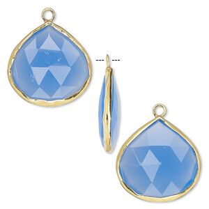Drop, blue chalcedony (dyed) and gold-finished sterling silver, 20x20mm double-sided faceted teardrop. Sold per pkg of 2.