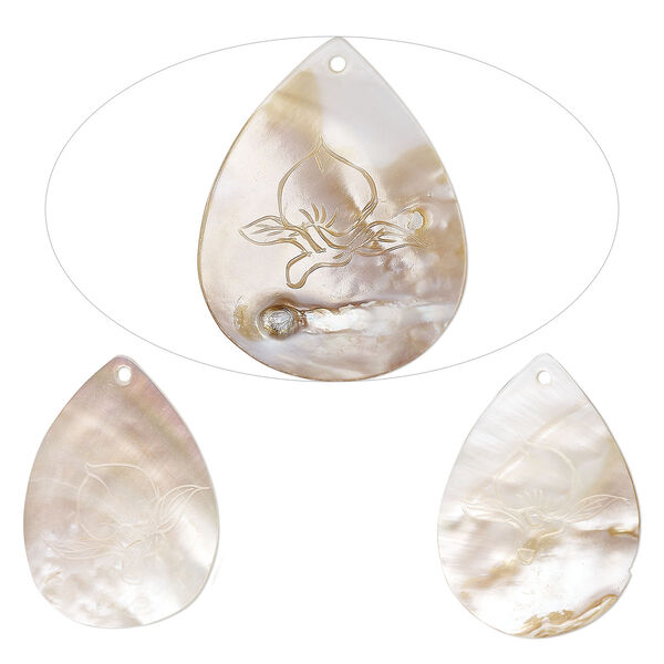 Focal, mother-of-pearl shell (natural/bleached), 63x47mm-69x53mm hand-carved teardrop with peach design, Mohs hardness 3-1/2. Sold per pkg of 3. image number 0
