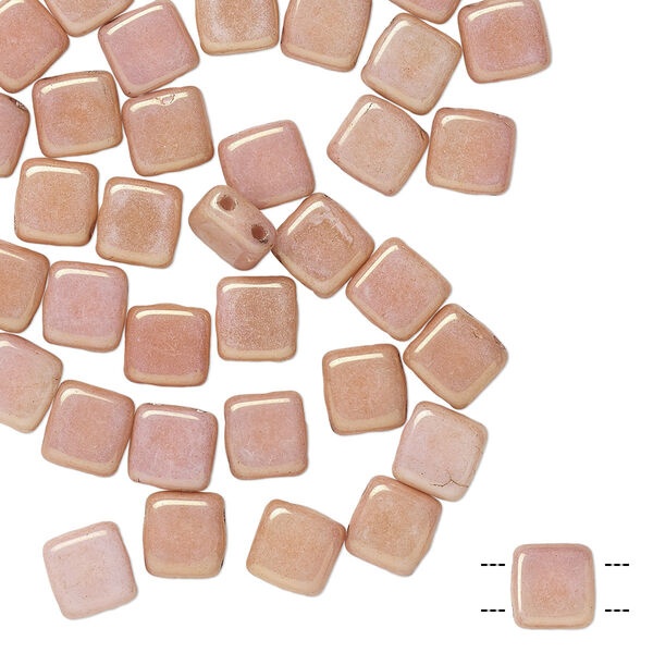 Bead, Preciosa, Czech pressed glass, marbled opaque pink, 6x6mm flat square with (2) 0.7mm holes. Sold per pkg of 40. image number 0