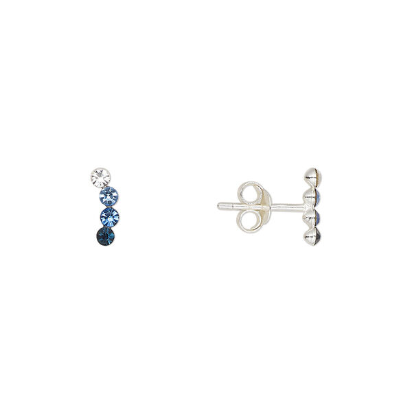 Earstud sterling silver / Preciosa crystal 1pkg2, 8.5x2.5mm right- and left-facing curved bar / earnuts included, Create Compliments® multicolored 1 pair image number 0