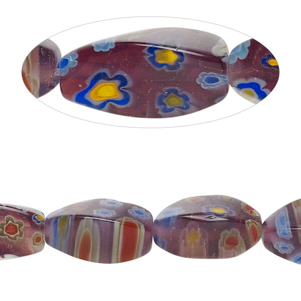 Bead, millefiori glass, translucent purple and multicolored, 16x8mm four-sided twisted oval with flower and stripe design. Sold per 14-inch strand. image number 0