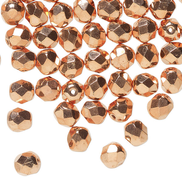 Bead, Preciosa Czech fire-polished glass 1pkg1mass, opaque copper-plated clear, 6mm faceted round. image number 0