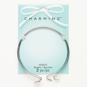 Bracelet bangle steel 2pk 2mm wide double hook clasp, silver finish 8 inch