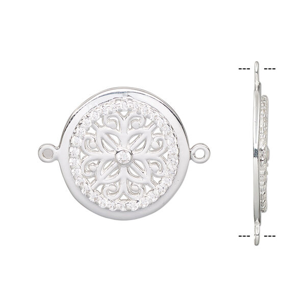 Link, sterling silver and cubic zirconia, clear, 20mm single-sided flat round with flower design. Sold individually. image number 0
