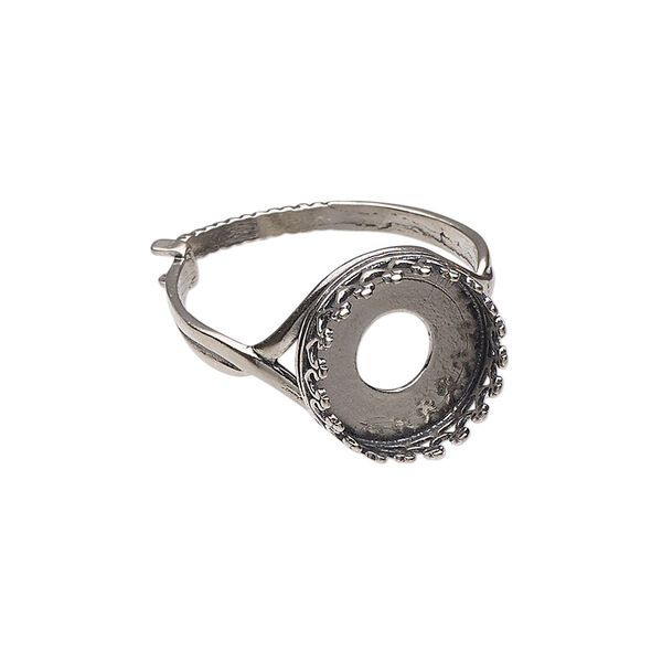 Ring, JBB Findings, antiqued sterling silver, 14mm wide with decorative trim and 12mm round bezel setting, adjustable from size 6-8. Sold individually. image number 0