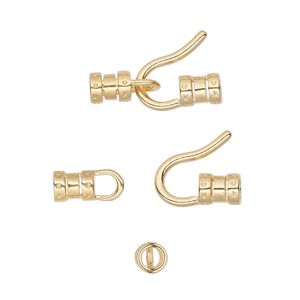 Clasp hook&eye 1pkg4 gold-plated, 20x11mm / crimp end / fits up to 3mm cord, brass 1-strand