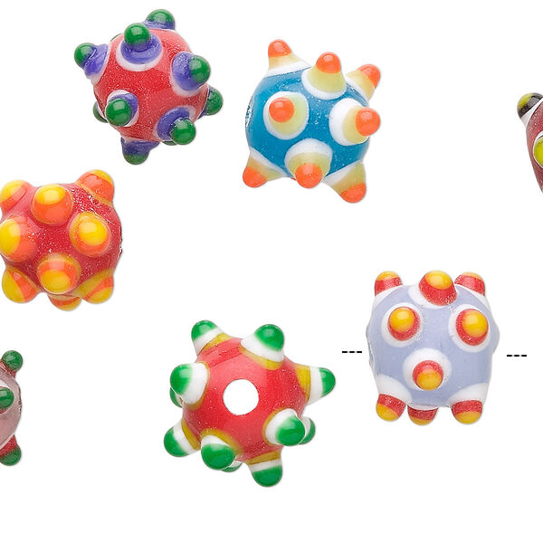 Bead, lampworked glass, opaque multicolored, 10mm bumpy round. Sold per pkg of 10. image number 0