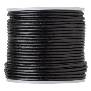 Cord, leather (dyed), black, 1.4-1.6mm round. Sold per 25-yard spool.