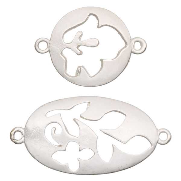 Focal and link, silver-finished "pewter" (zinc-based alloy), 20mm matte round with cutout leaf design and 33x20mm matte oval with cutout leaf and flower design. Sold per pkg of 7. image number 0