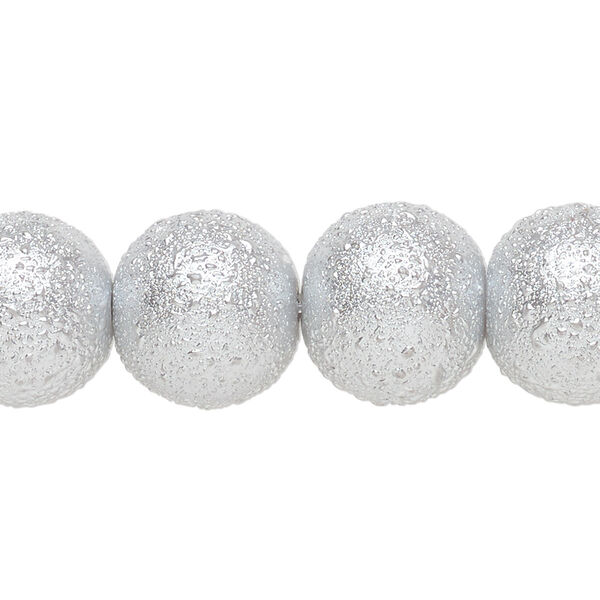 Bead, glass, opaque silver, 14mm textured round. Sold per 15-1/2" to 16" strand. image number 0