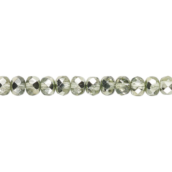 Bead, Czech fire-polished glass, metallic mint, 5x4mm faceted rondelle. Sold per 15-1/2" to 16" strand. image number 0