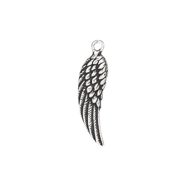 Charm, antiqued sterling silver, 22x7mm single-sided wing. Sold individually. image number 0