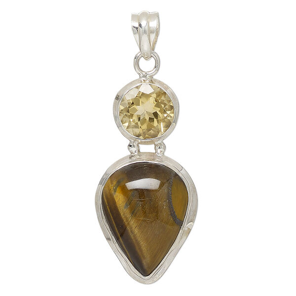 Pendant, citrine (heated) / tigereye (natural) / sterling silver, 47x21mm-49x23mm teardrop and round. Sold individually. image number 0