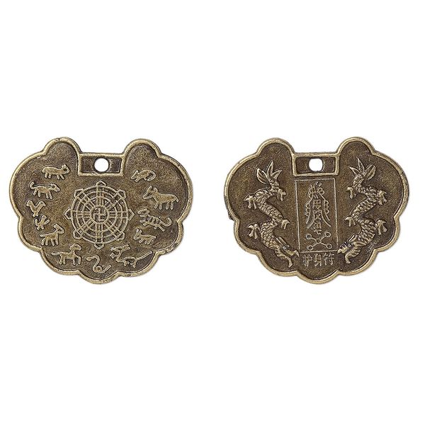 Focal, antique brass-plated "pewter" (zinc-based alloy), 30x23mm Chinese Zodiac "protective talisman." Sold per pkg of 50. image number 0