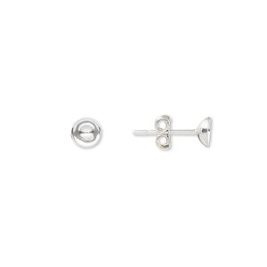 Earstud 1pkg10 sterling silver, 5mm cup / 5-7mm round glue-in setting, 5 pair