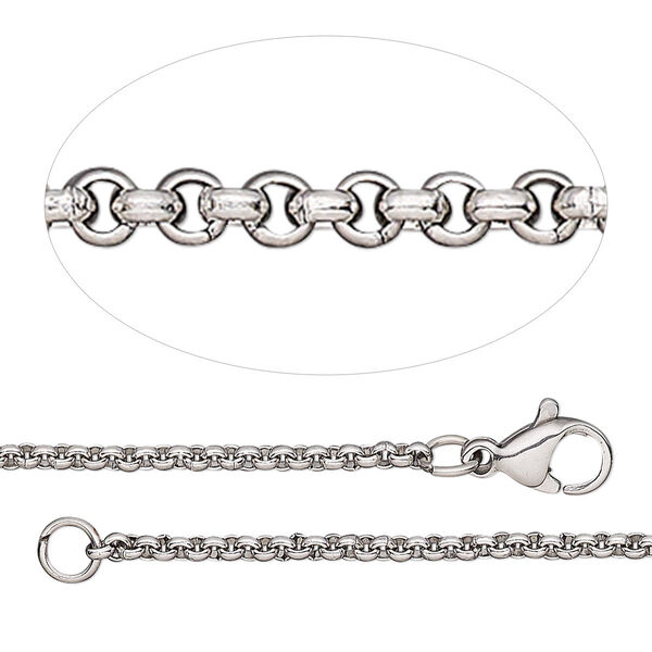 Chain, stainless steel, 2mm rolo, adjustable at 18 and 20 inches with lobster claw clasp. Sold individually. image number 0