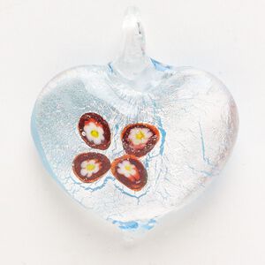 Focal, lampworked glass, pkg/1, opaque multicolored with silver-colored foil, 33x28mm-35x31mm puffed heart with flower.