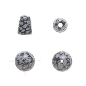 Snowflake obsidian 2pkg2, T-drilled round / cone bead natural 10mm / 9x7mm