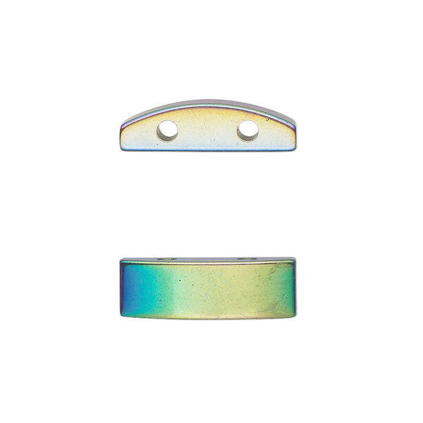 Spacer, electroplated Hemalyke™ (man-made), rainbow, 18.5x6mm double-drilled flat half round, fits up to 8mm beads. Sold per pkg of 6. image number 0