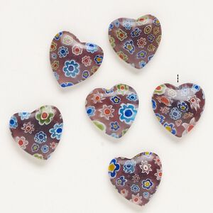 Bead, millefiori glass, translucent purple and multicolored, 17-20mm half-drilled puffed heart. Sold per pkg of 6.