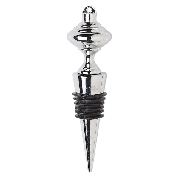 Bottle stopper, silicone and silver-finished "pewter"  (zinc-based alloy), black, 4x1 inches with 6.5x6mm threaded shaft and top loop. Sold individually. image number 0