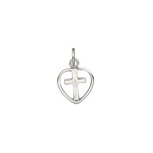 Drop, sterling silver, 11mm open heart with cross. Sold per pkg of 2.