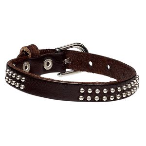 Bracelet, leather (dyed) and silver-plated steel, brown, 10mm wide with round studs, adjustable from 5-1/2 to 7 inches with buckle-style closure. Sold individually.
