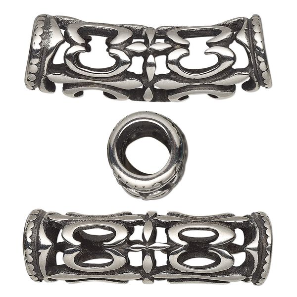 Bead, antiqued stainless steel, 34.5x12mm curved tube with open filigree design. Sold individually. image number 0