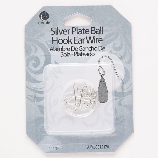 Ear wire, brass, pkg/4 pairs, 12mm fishhook with 2mm ball, silver finish, 21 gauge. image number 0