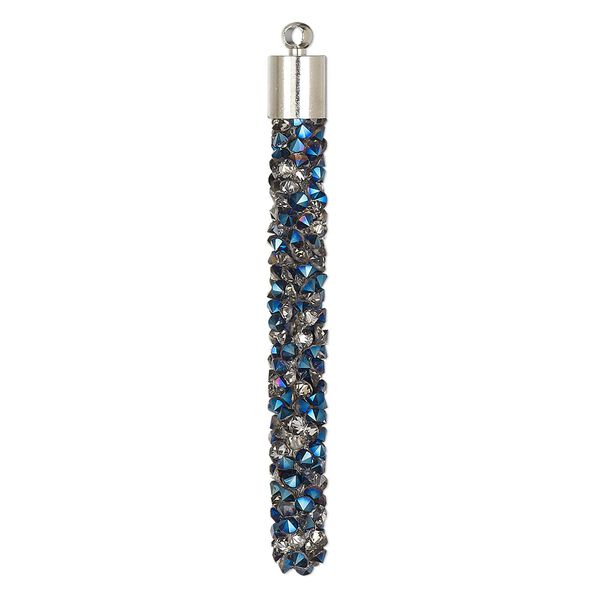 Focal, glass / resin / imitation rhodium-finished brass, metallic half-coated clear and blue, 53x6mm stick. Sold per pkg of 4. image number 0