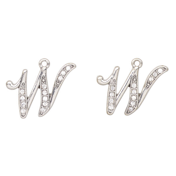 Charm, antique silver-finished "pewter" (zinc-based alloy) and glass, clear, 26x19mm letter "W". Sold per pkg of 2. image number 0