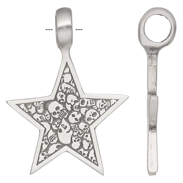 Pendant, antiqued pewter (tin-based alloy), 44x32mm single-sided star with skull design. Sold individually. image number 0