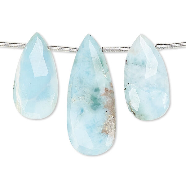 Bead, larimar (natural), 20x10mm and 28x10mm graduated hand-cut top-drilled faceted puffed teardrop, B grade, Mohs hardness 4-1/2 to 5. Sold per 3-piece set. image number 0