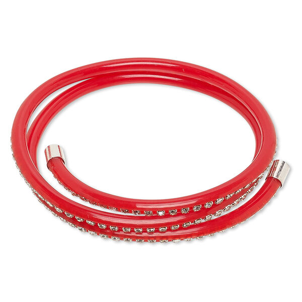 Bracelet, wrap, PVC plastic / glass rhinestone / silver-finished brass, red and clear, 4mm wide with cupchain, adjustable from 7-9 inches. Sold individually. image number 0