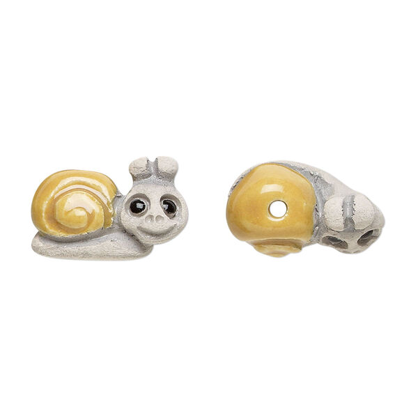 Bead, glazed ceramic, grey/tan/black, 17x12mm hand-painted snail. Sold per pkg of 2. image number 0