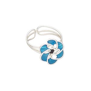 Ring, epoxy and silver-plated brass, blue and black, 14mm wide with 14x12mm flower, adjustable. Sold individually.