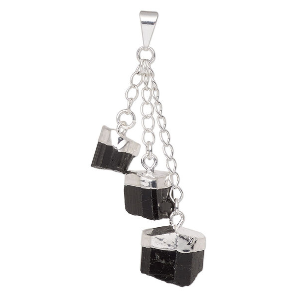 Pendant, Everyday Jewelry, silver-plated brass and black tourmaline (natural), (3) 49-51mm dangling points. Sold individually. image number 0