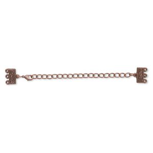 End bar, antique copper-finished "pewter" (zinc-based alloy), 32x13mm with 13x6mm 3-strand rectangle and 3-inch extender chain with lobster claw clasp. Sold per pkg of 6.