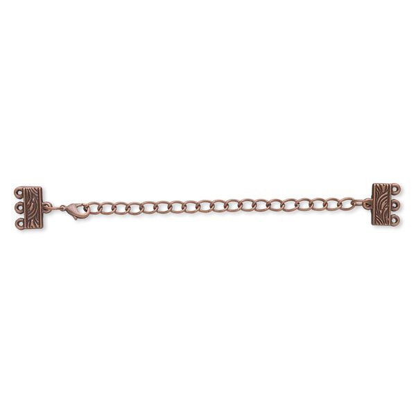 End bar, antique copper-finished "pewter" (zinc-based alloy), 32x13mm with 13x6mm 3-strand rectangle and 3-inch extender chain with lobster claw clasp. Sold per pkg of 6. image number 0