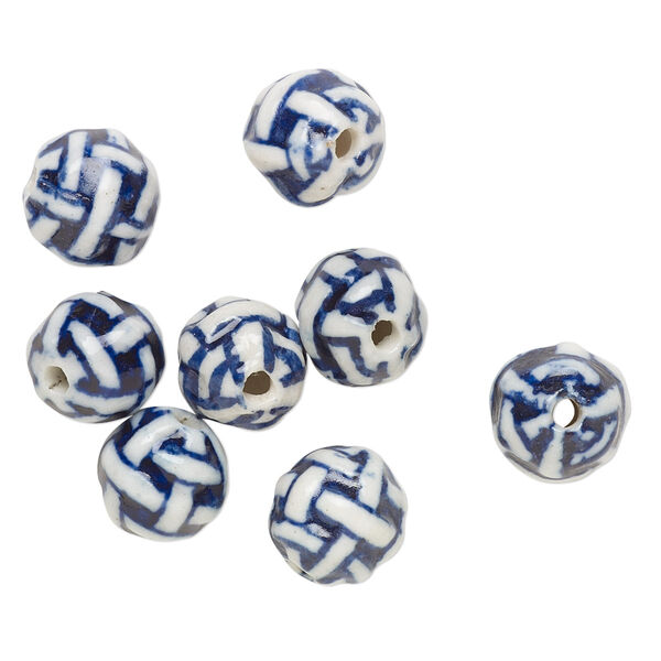 Bead, porcelain, blue and white, 10mm textured round with woven design. Sold per pkg of 8. image number 0