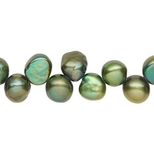 Pearl, cultured freshwater (dyed), forest green, 7-9mm top-drilled flat-sided potato with 0.4-0.5mm hole, D grade, Mohs hardness 2-1/2 to 4. Sold per 14-inch strand.