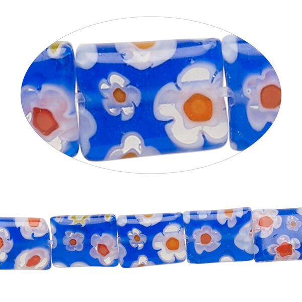 Bead, millefiori glass, translucent cobalt blue / red / white, 10x8mm puffed rectangle with flower design. Sold per 14-inch strand. image number 0