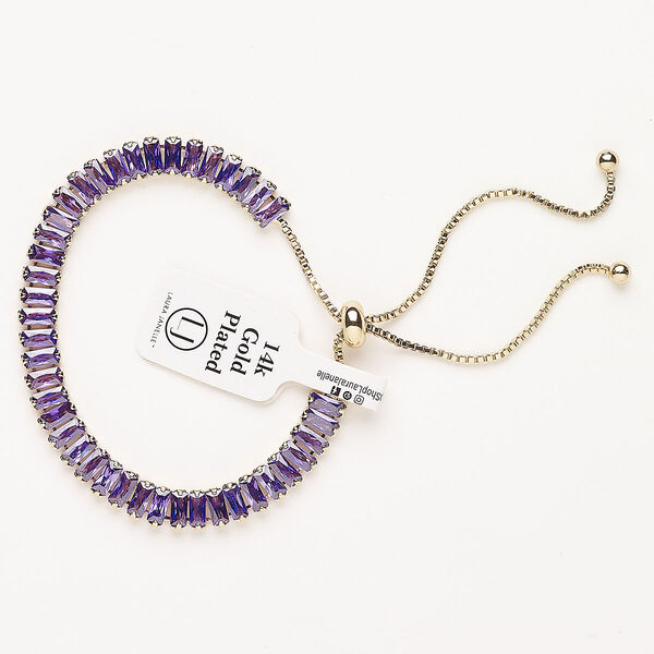 Bracelet, adjustable, brass / glass / silicone, pkg/1, 6 to 10 inches, gold plate and amethyst. image number 0