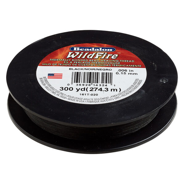 Thread, WildFire™, polyester, pkg/300 yards, size 0.15 weaving thickness, black (161T-020). image number 0